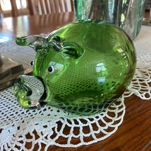 6” x 4” Hand Blown Glass Piggy pig Green with Clear Nose and Ears Art Glass